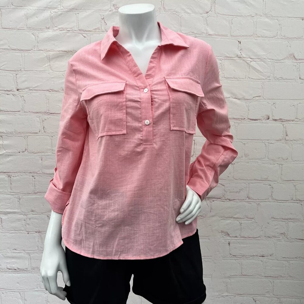 Women's Pink Linen Button Down V Neck Roll Tab Sleeve Shirt Size M